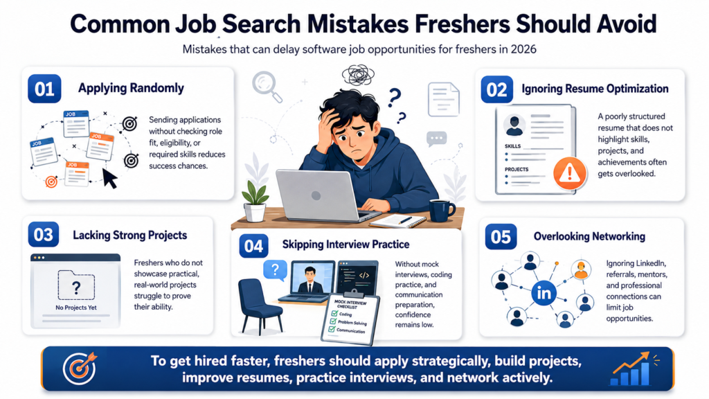 Common job search mistakes freshers should avoid in 2026, including random applications, poor resume optimization, lack of projects, skipping interview practice, and overlooking networking