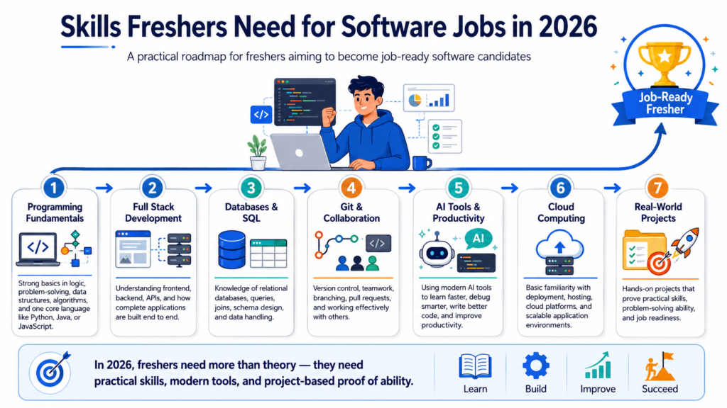 Skills freshers need for software jobs in 2026, including programming fundamentals, full stack development, SQL, Git, AI tools, cloud computing, and real-world projects