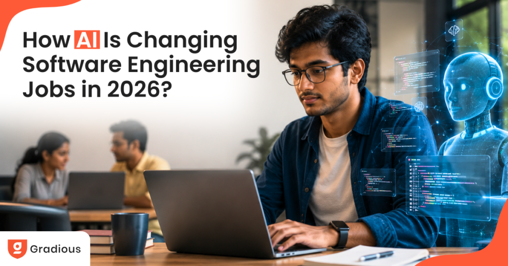 Software engineer using AI-powered coding tools on a laptop, illustrating how artificial intelligence is transforming software engineering jobs, development workflows, and programming careers in 2026.