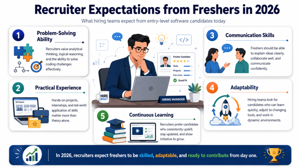 Recruiter expectations from freshers in 2026, including problem-solving ability, practical experience, communication skills, adaptability, and continuous learning