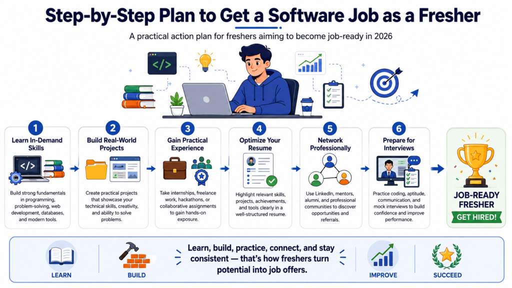 Step-by-step plan to get a software job as a fresher in 2026, covering in-demand skills, real-world projects, practical experience, resume optimization, professional networking, and interview preparation