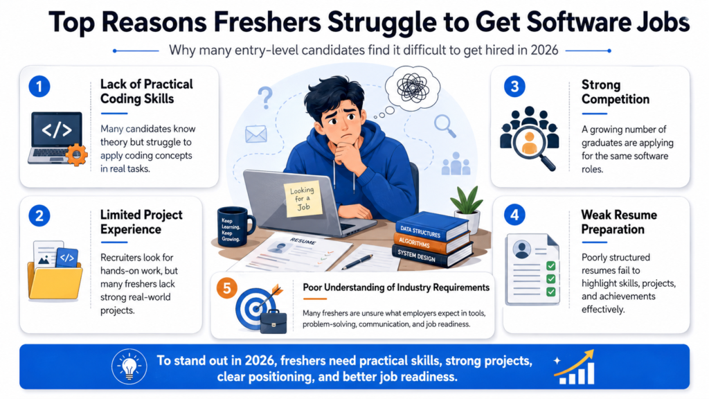 Top reasons freshers struggle to get software jobs in 2026, including lack of coding skills, limited project experience, strong competition, weak resumes, and poor understanding of industry requirements