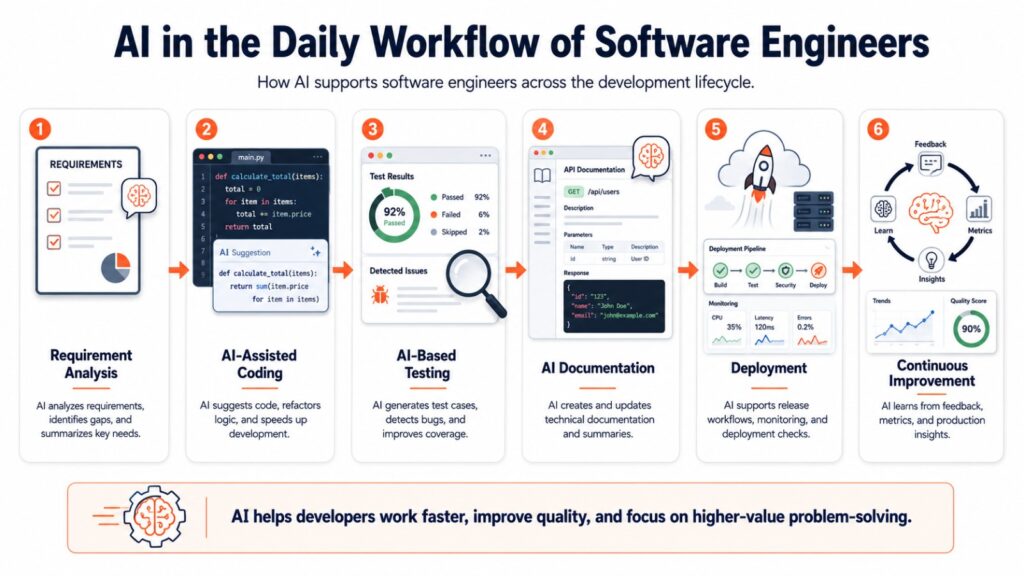 Infographic showing how AI supports software engineers throughout the development lifecycle, including requirement analysis, AI-assisted coding, testing, documentation, deployment, and continuous improvement.