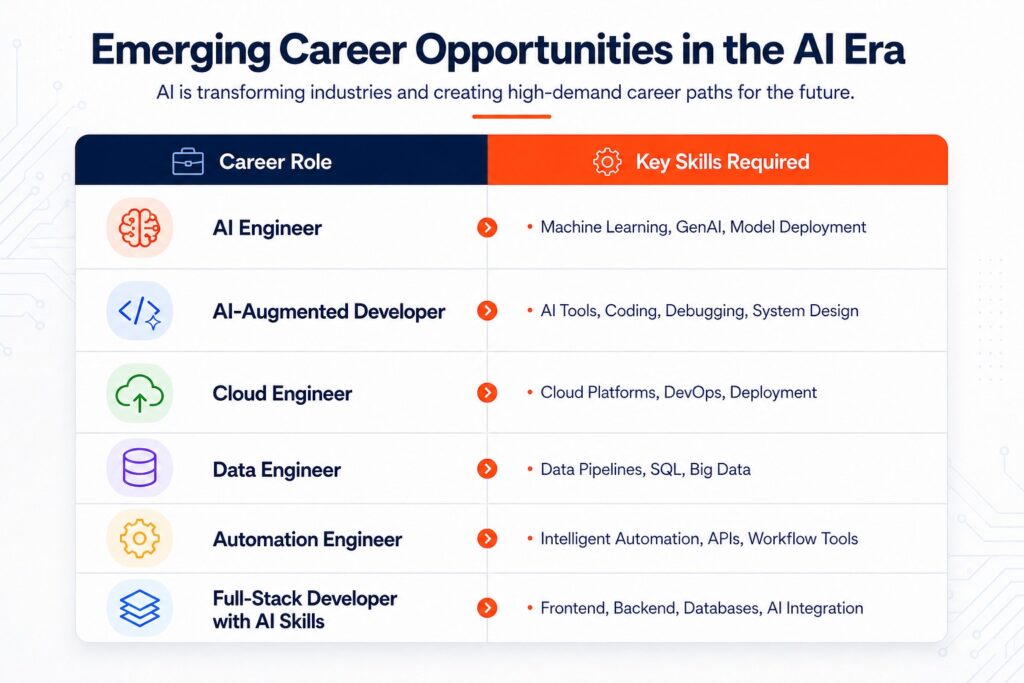 Infographic showcasing emerging AI career opportunities, including AI Engineer, AI-Augmented Developer, Cloud Engineer, Data Engineer, Automation Engineer, and Full-Stack Developer with AI skills, along with the key skills required for each role.