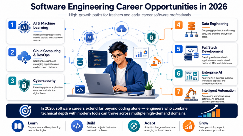 Software engineering career opportunities in 2026, including AI and machine learning, cloud computing, cybersecurity, data engineering, full stack development, enterprise AI, and intelligent automation