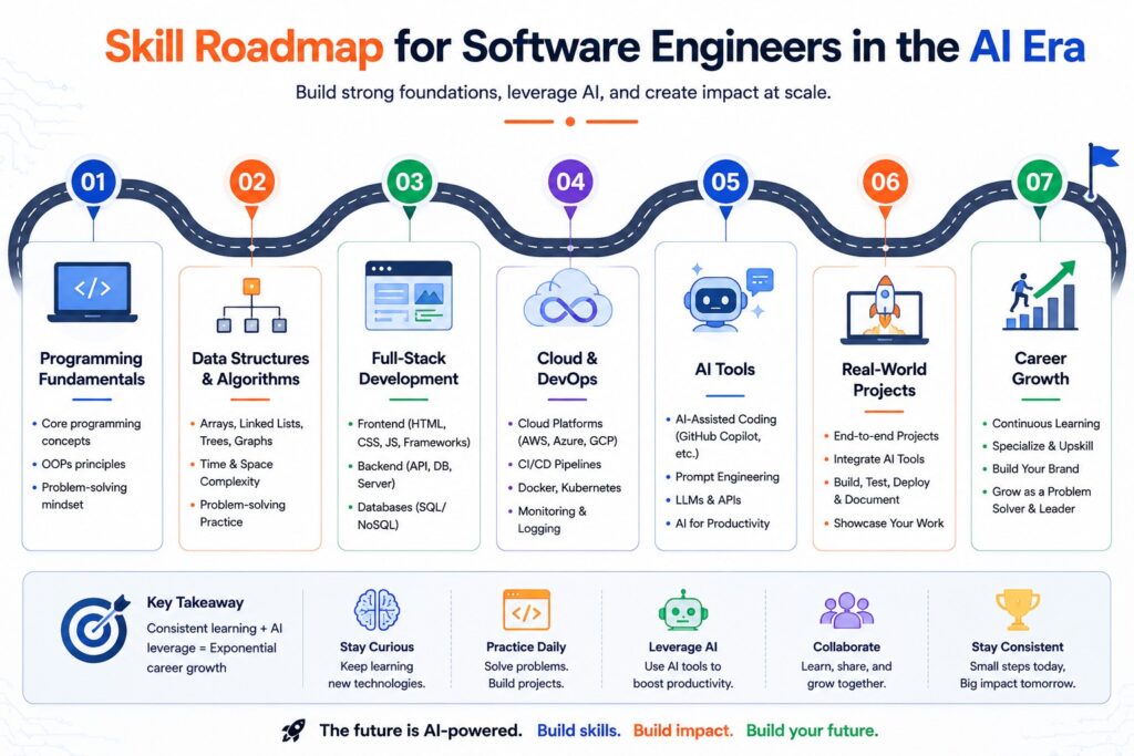 Infographic outlining a skill roadmap for software engineers in the AI era, covering programming fundamentals, data structures and algorithms, full-stack development, cloud and DevOps, AI tools, real-world projects, and career growth.