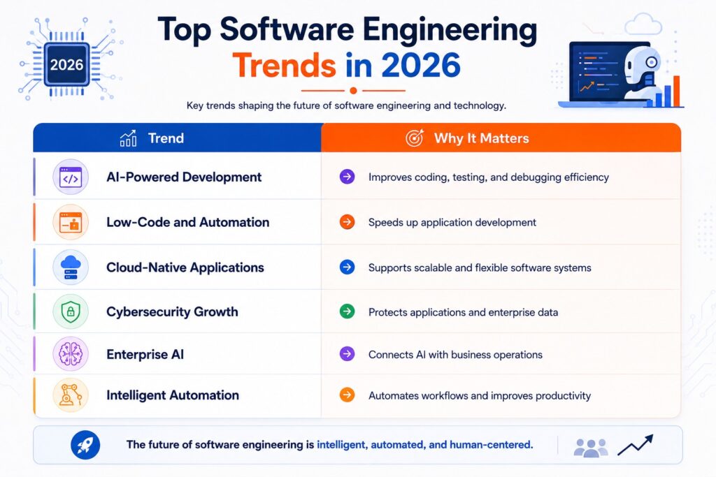 Infographic highlighting the top software engineering trends in 2026, including AI-powered development, low-code automation, cloud-native applications, cybersecurity, enterprise AI, and intelligent automation.