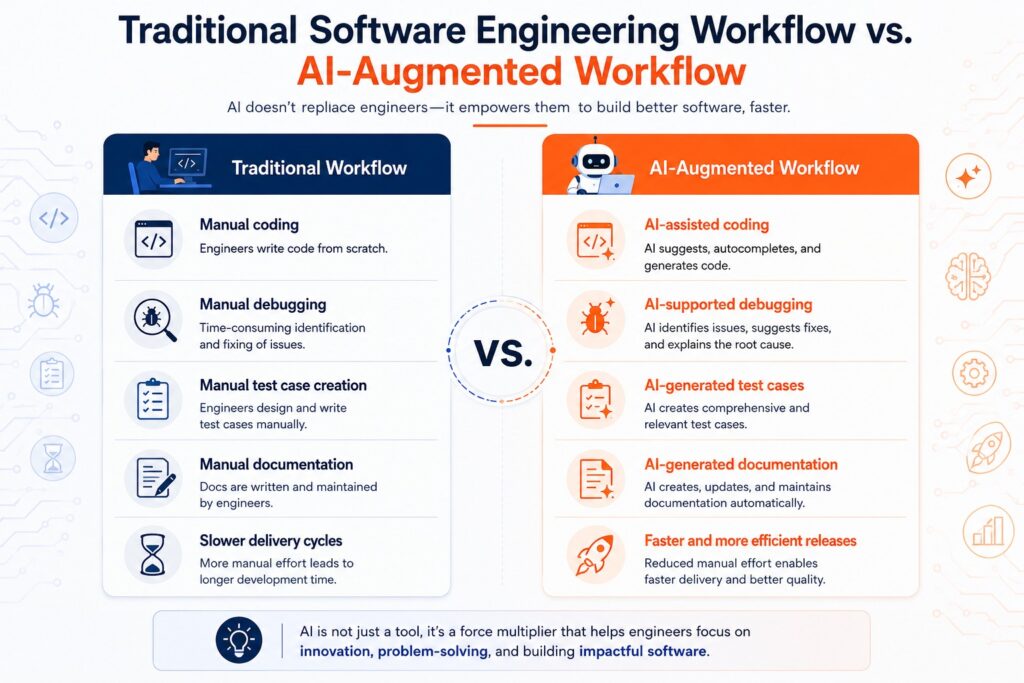 Comparison of traditional software engineering workflow and AI-augmented workflow showing AI-assisted coding, debugging, test case generation, documentation, and faster software delivery.