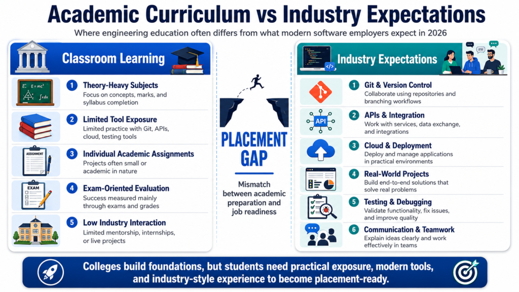 Academic curriculum vs industry expectations in 2026, highlighting the placement gap between theory-focused classroom learning and practical software industry skills.