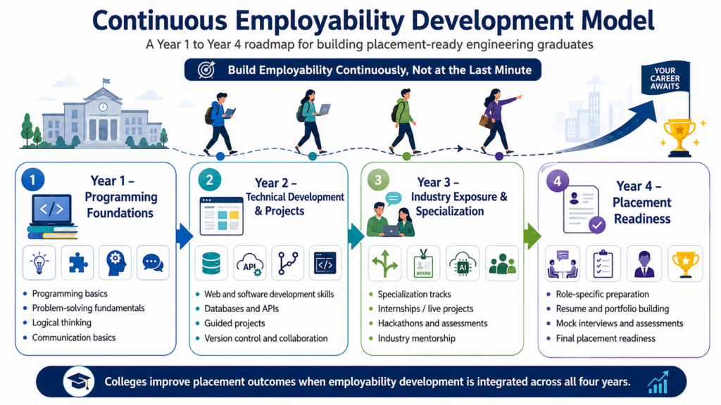 Continuous employability development model showing a Year 1 to Year 4 roadmap covering programming foundations, technical projects, industry exposure, specialization, and placement readiness.