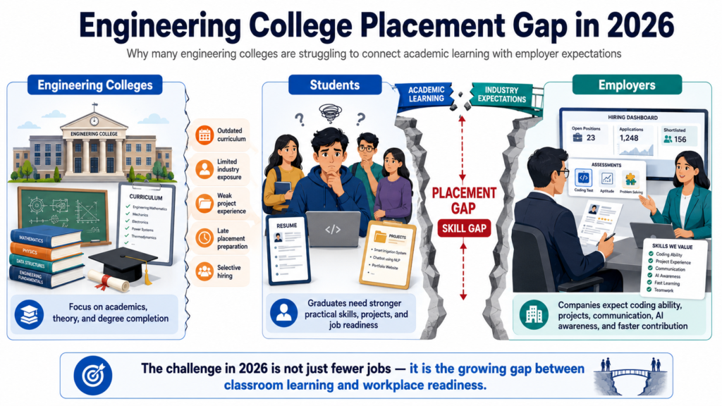 Engineering college placement gap in 2026 showing the skill gap between academic learning, students, and employer expectations.