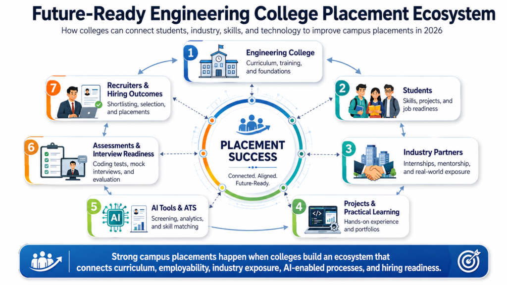 Future-ready engineering college placement ecosystem showing how colleges, students, industry partners, practical projects, AI tools, assessments, and recruiters work together to improve placement success.