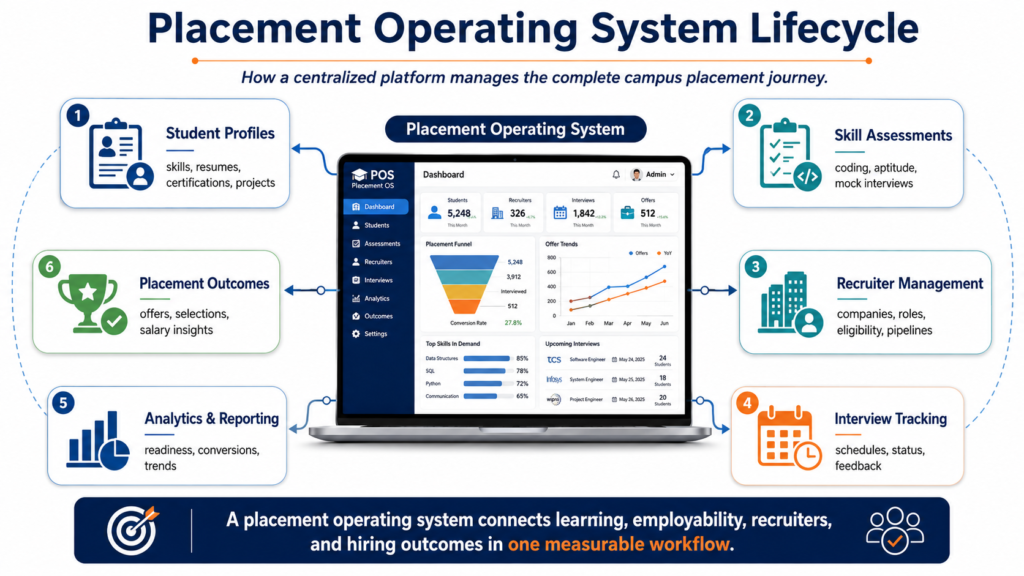 Placement operating system for colleges managing the complete placement lifecycle, from student profiles and skill assessments to recruiter management, interviews, analytics, and placement outcomes.