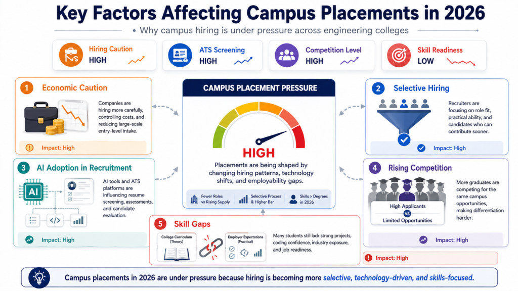 Key factors affecting campus placements in 2026, including economic caution, selective hiring, AI recruitment, rising competition, and student skill gaps.