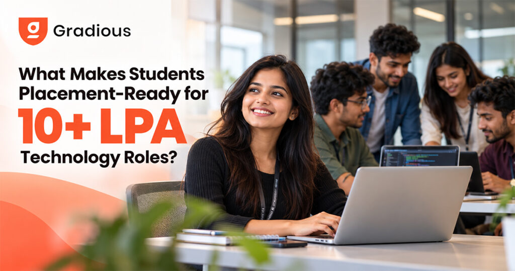 Gradious placement readiness framework featuring placement-mapped learning, coding assessments, practical projects, and interview preparation through the Gradious LEAP platform.