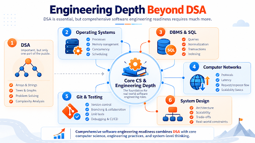 Engineering depth beyond DSA covering operating systems, DBMS and SQL, computer networks, Git and testing, and system design for software engineering placement readiness.